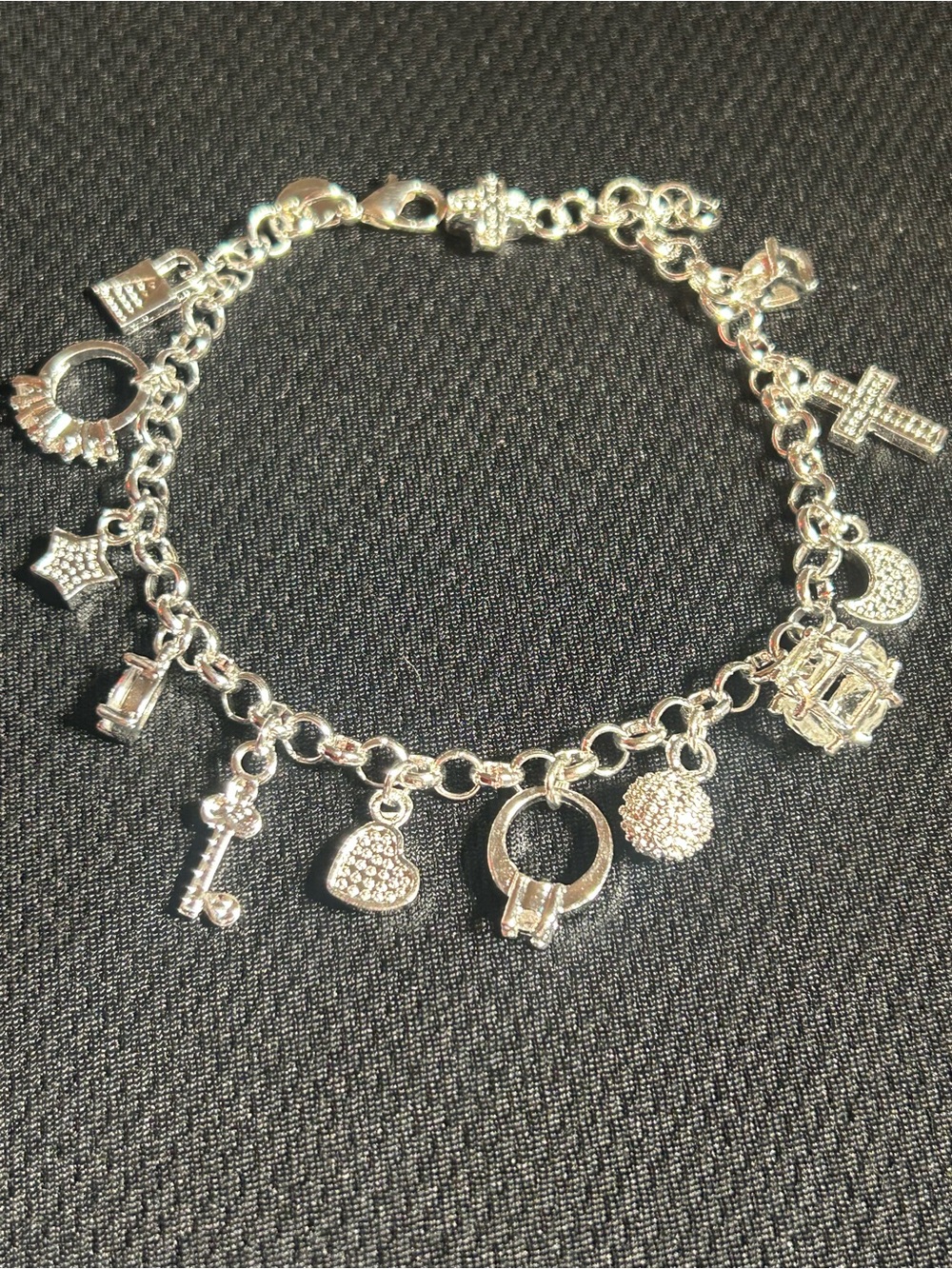 Silver Charm Bracelet with Heart & Key Charms - Women's Jewelry